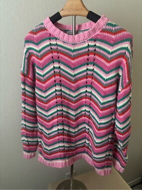 Love Olive Co Lowe Chevron Open Knit Sweater Pink Green Crochet Boho Womens S